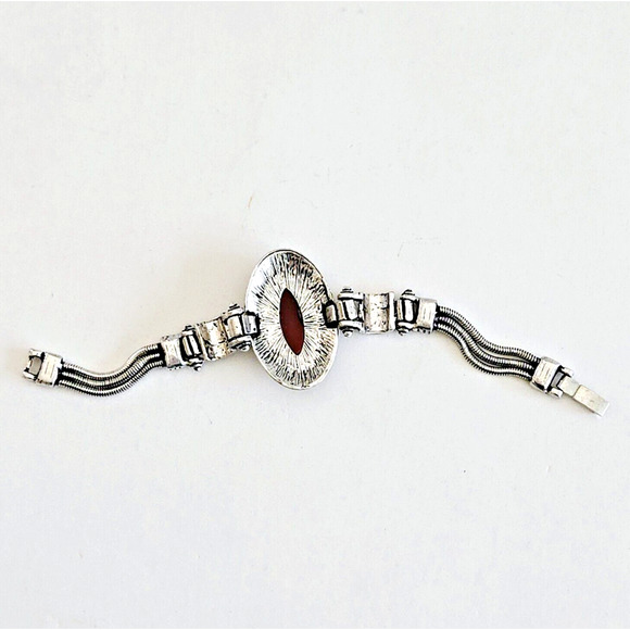 Statement Bracelet Chunky Southwestern Style Brown Silvertone Aztec Tribal Boho - Picture 6 of 9